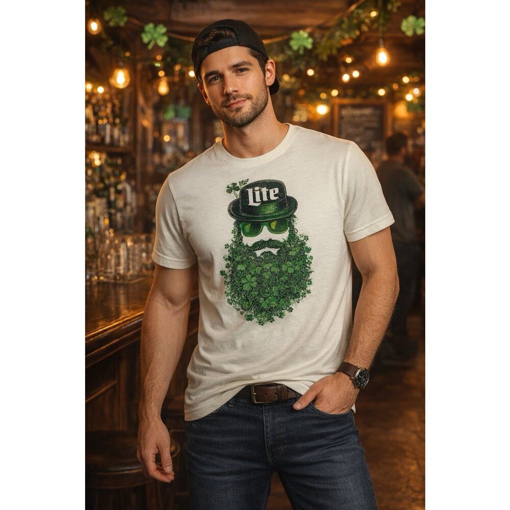 Lucky Brand T Shirt Mens Medium Miller Lite Graphic Cream Shamrock Beard NWT